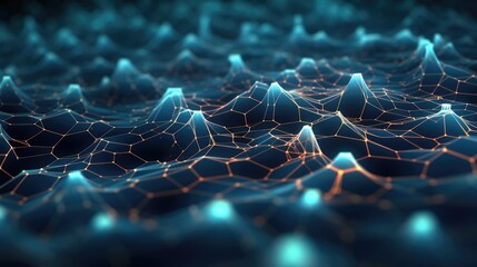 Abstract tech background with interconnected cyber cells and artificial neural connections, quantum computing network system and electronic global intelligence