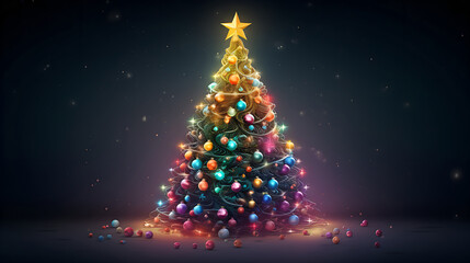 Christmas Tree decorated with balls and presents. Banner format
