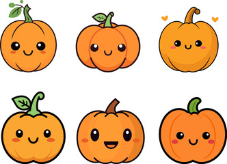 Set of vector cute pumpkins expression graphic elements, for autumn season, thanksgiving banner decoration. Isolated on a white background.