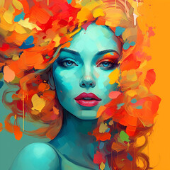 Art oil portrait of a beautiful woman with bright make-up and multicolored hair. Art Portrait of beautiful girl with red lips. Digital painting. Illustration of a beautiful girl with oil paints.