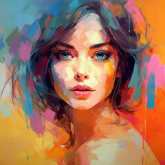 Art oil portrait of a beautiful woman with bright make-up and  long hair. Art painted  Portrait of beautiful girl. Digital painting. Illustration of a beautiful girl with oil paints.