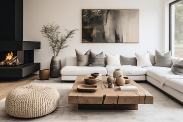 Beige knitted pouf and live edge coffee table near sofa with grey pillows against white wall with big poster frame. Minimalist scandinavian home interior design of modern living room with fireplace.