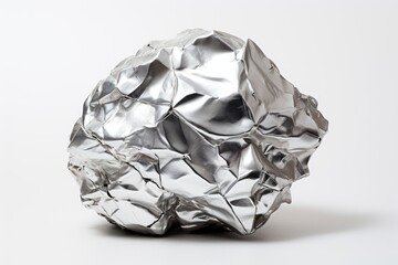 A shiny, crumpled ball of aluminum foil rests on a plain white background. - obrazy, fototapety, plakaty
