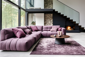 Violet tufted sofa in spacious luxury room with staircase and fireplace. Minimalist home interior design of modern living room in villa in forest.