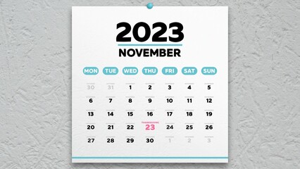 A beautiful November page of the calendar 2023 with the marked Thanksgiving Day on it - obrazy, fototapety, plakaty