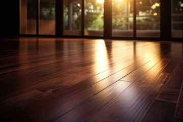 Sunlight shines through a window, casting a warm glow on the glossy, dark wooden floor.