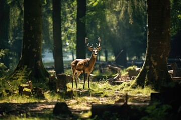 A deer with a large rack of antlers stands in a sunlit forest clearing, looking towards the camera.