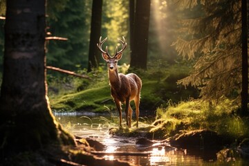 A majestic deer stands in a sunlit forest, with a stream in the foreground.