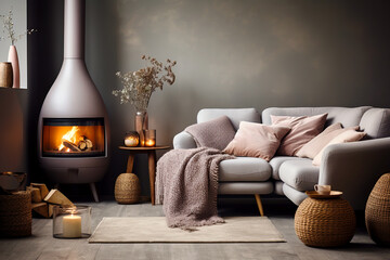 Grey sofa with pink pillows by freestanding fireplace. Hygge, scandinavian home interior design of modern living room.