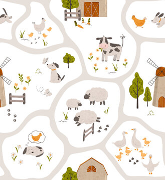 Cartoon Village map seamless pattern. Background of a farm with barn, windmill, funny animals, road and trees. Perfect for textile, fabric, paper, games, play mat. Hand drawn digital illustration