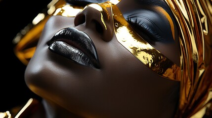 gold makeup on a black woman with silver makeup, in the style of sunrays shine, generative AI