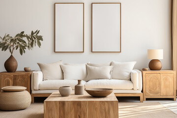 Square coffee table near white sofa and rustic cabinets against white wall with blank poster frames with copy space. Japanese home interior design of modern living room. - obrazy, fototapety, plakaty
