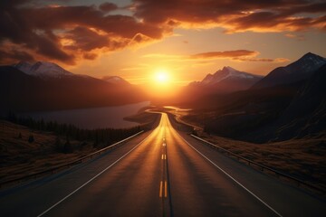 A scenic view of a road leading towards a sunset over mountains and a lake.