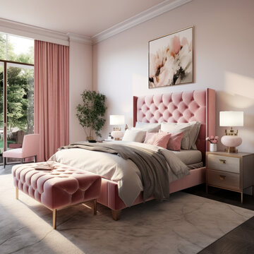 A glam bedroom has pink bedding and a velvet bed 
