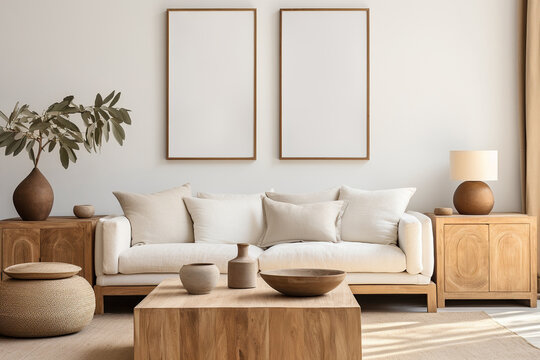 Square coffee table near white sofa and rustic cabinets against white wall with blank poster frames with copy space. Japanese home interior design of modern living room.