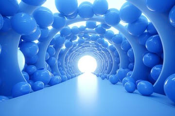 Naklejka premium 3D blue tunnel with balls flying out. Generative AI
