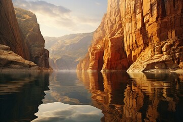 Stunning scenic masterpiece capturing serene cliffs reflecting on water. Generative AI