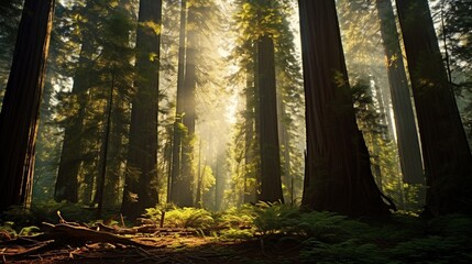 Towering redwood trees, their canopy filtering soft sunlight.