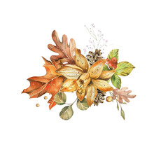 Colorful leaf composition made of autumn leaves, plants, flower. Watercolor botanical frame, isolated on white background.
