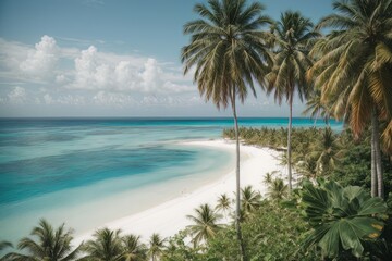 Fototapeta na wymiar Illustration of paradise landscapes with turquoise sea, white sand, and palm trees. Tropical beaches seen from a drone.