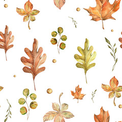 Seamless pattern with hand drawn watercolor fall leaves on a white background. for poster, card, wallpaper, home design and wrapping paper