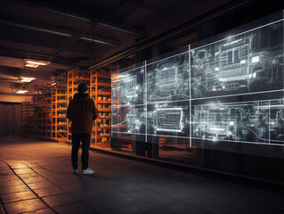 An underground warehouse setting for AI testing, featuring large machinery and robotics in motion.