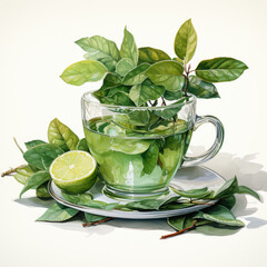 Watercolor green tea Clipart, Generative Ai