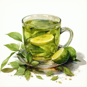Watercolor green tea Clipart, Generative Ai