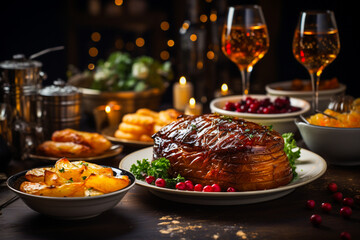 Delicious Christmas dinner with baked meat with potatoes slices and glasses of wine - obrazy, fototapety, plakaty