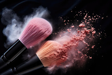 Cosmetic professional makeup brushes and brushes with colorful explosion powders in motion isolated. - obrazy, fototapety, plakaty