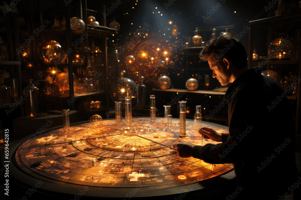Poster a scientist pondering the mysteries of parallel universes, surrounded by equations and diagrams. con