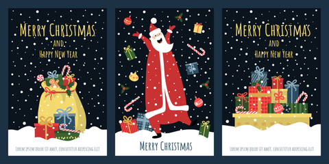 A set of cards with the image of Santa Claus and gifts.