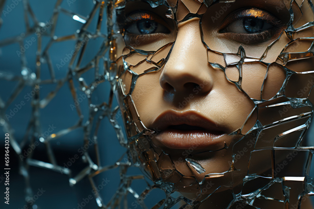 Aufkleber a person's reflection in a shattered mirror, representing fragmented self-perception. concept of dis