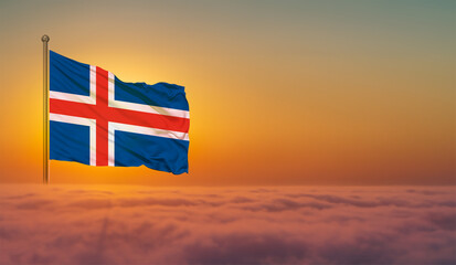 Iceland national flag waving in beautiful sky.