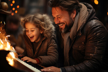 A joyful family gathering around the piano, singing Christmas carols together in harmony....