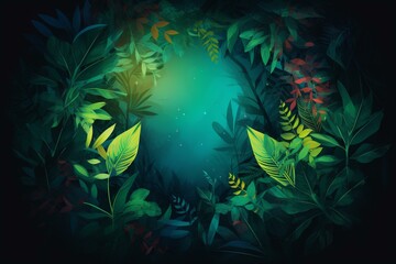 Fototapeta na wymiar Image of lush tropical foliage with vibrant green leaves and a glowing circular backdrop. Generative AI
