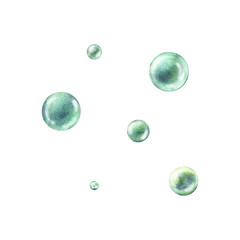 Turquoise, blue, green soap and water bubbles. Hand drawn watercolor illustration. Set of isolated objects on a white background.
