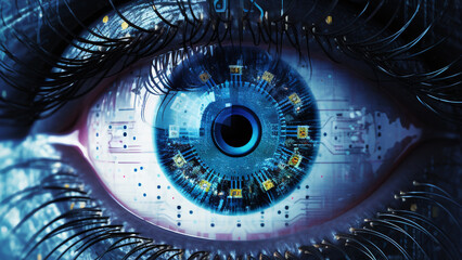Close-up of the human eye with a circuit board. 3d rendering, Concept of future technology. Blue staring cyber eye, Cyberpunk style self-aware robot eye. - Ai Generated