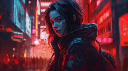 Futuristic cyberpunk woman in the city at night. Female cosplay character in a futuristic city. Beautiful young cyborg girl in tech wear in a neon-lit busy evening street. - AI generated 3d render. - obrazy, fototapety, plakaty