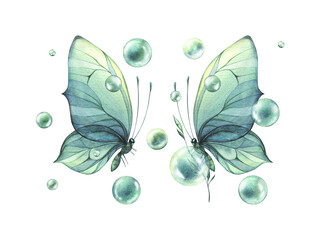 Turquoise, blue butterfly, with bubbles. gentle, side view, sitting on a branch. Watercolor illustration. For the design and decoration of postcards, posters, logos, stickers, invitations.