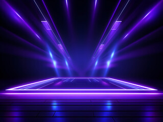 Vibrant Abstract Purple Neon Light Stage with Spotlight in the Dark - obrazy, fototapety, plakaty