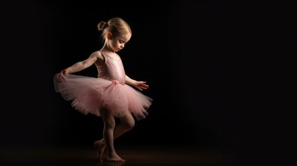 Little girl ballerina is dancing on stage in pink tutu on pointe shoes classic variation.