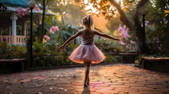 Beautiful little girl in a pink dress dancing in the beautiful garden.
