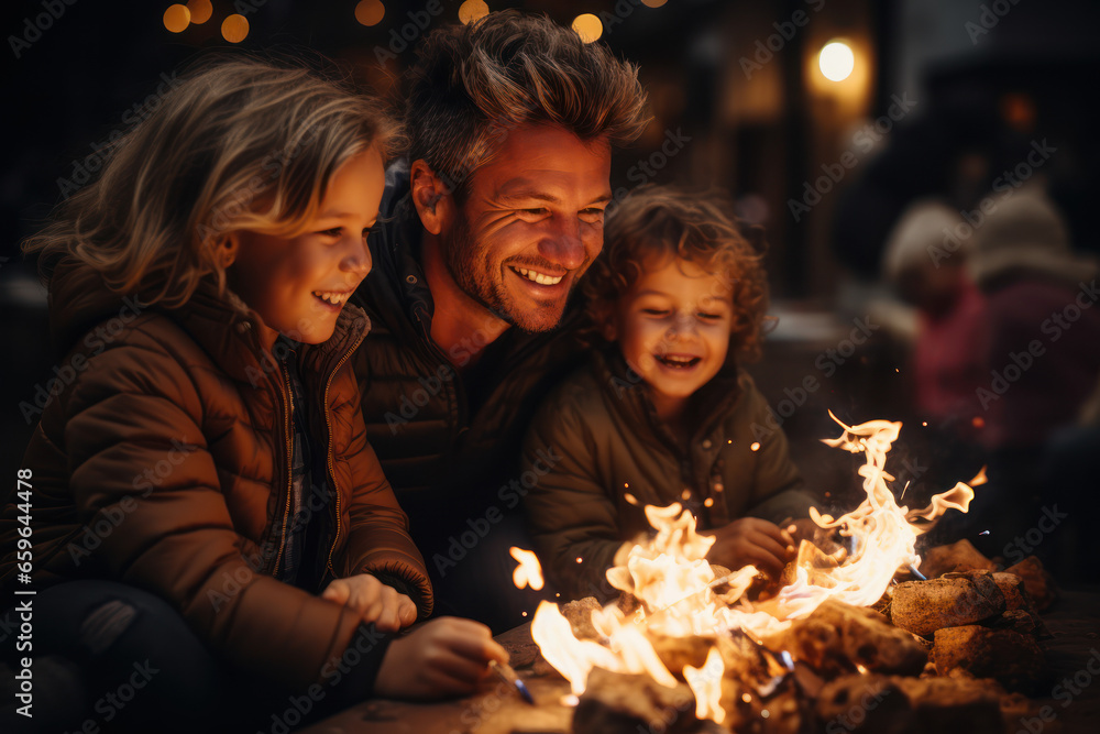 Wall mural A family gathered around a bonfire, roasting marshmallows and sharing laughter on the first evening of 2024. Concept of family bonding. Generative Ai.