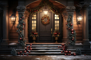Fototapeta na wymiar A beautifully decorated front door with a Christmas wreath and twinkling lights, welcoming guests to a holiday gathering. Generative Ai.