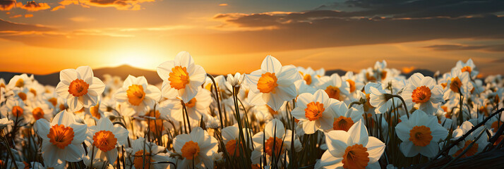 Daffodils blossoms in a sunset garden  - obrazy, fototapety, plakaty
