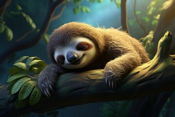 Fototapeta premium Languid Sloth sleeping. Tropical cute animal. Generate Ai
