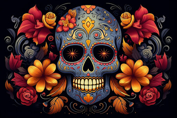 Blue skull mask with flower decorations for Mexican Day of Death on black background.