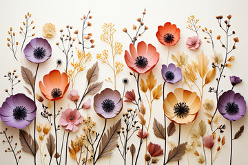 Dried anemone blossoms on a blank canvas