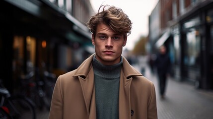 Fototapeta premium Elegant young handsome man wearing a coat on the city street.